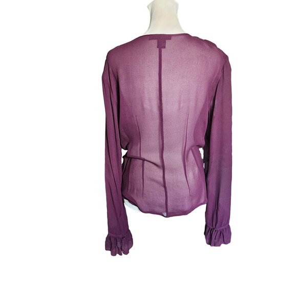 DKNY Women's Purple Silk Ruffle V Neck Pheasant Boho vibe Top Blouse size 10 - Picture 4 of 12